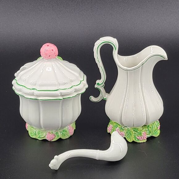 Vintage White Porcelain Cream Sugar Set Pink Strawberries Hand Painted Italy - Picture 3 of 11